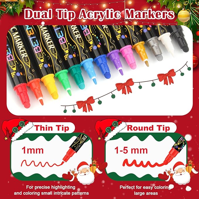 Betem 48 Colors Dual Tip Acrylic Paint Pens Markers, Premium Acrylic Paint Markers Stocking Stuffers for Rock, Wood, Fabric, Glass, Canvas, Ceramic, Christmas Gifts for Teens DIY Crafts Art Supplies