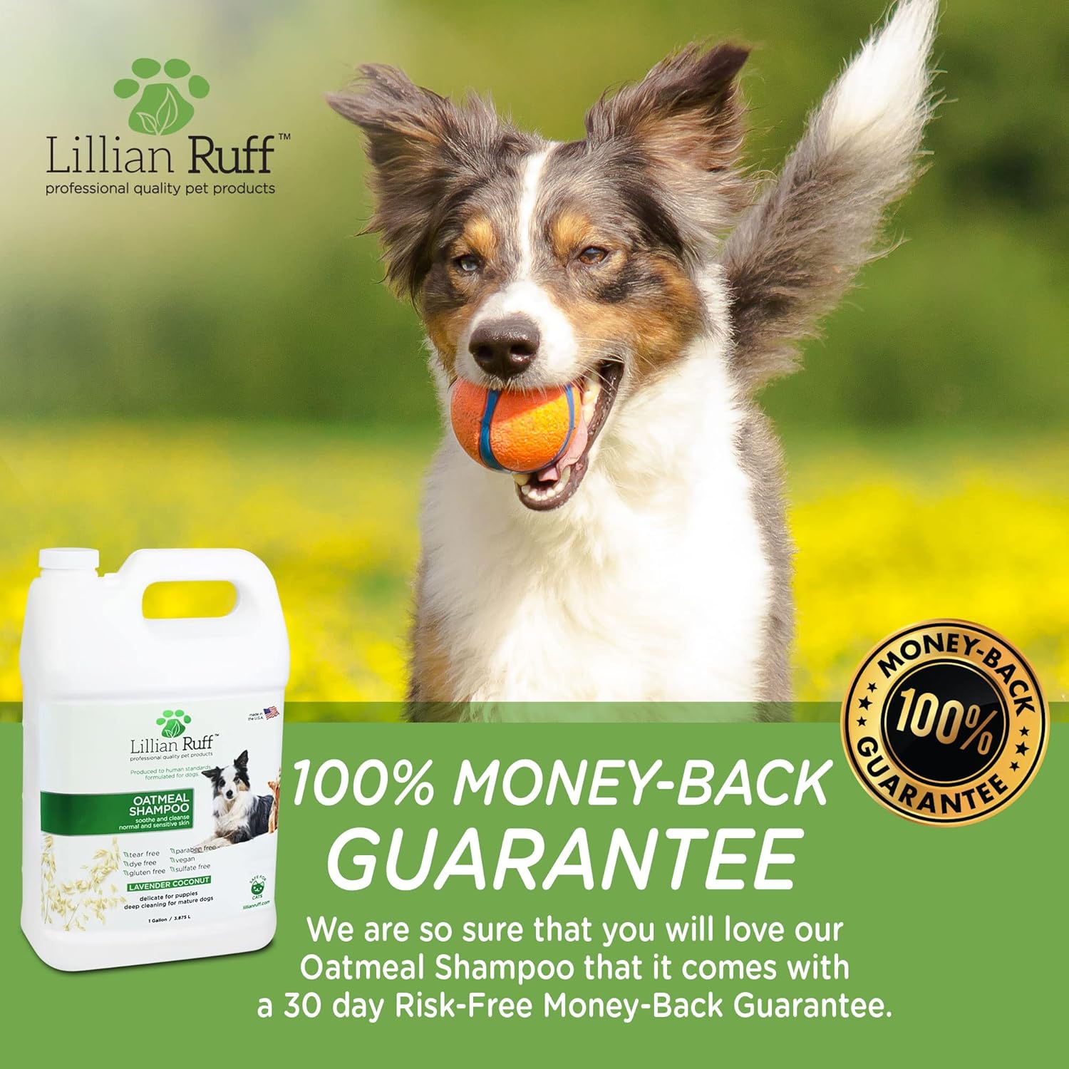 Lillian Ruff Calming Oatmeal Pet Shampoo for Dry Skin & Itch Relief with Aloe & Hydrating Essential Oils - Replenish Moisture & Deodorize - Tearless Dog Shampoo for Normal/Sensitive Skin (Gallon)