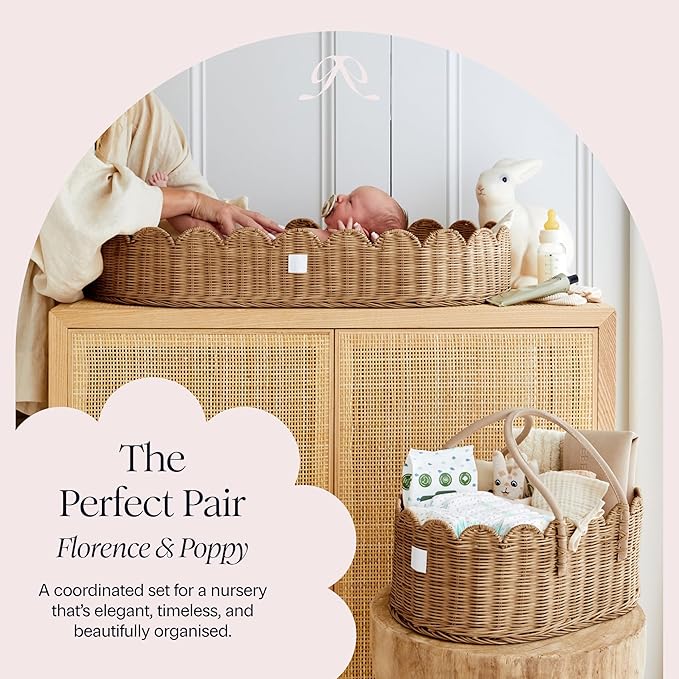 BEBE BASK Premium Baby Changing Basket - Artisan-Crafted Scalloped Rattan - Changing Basket for Baby Dresser - All Accessories Included - Complete Set for Nursery (Mocca)