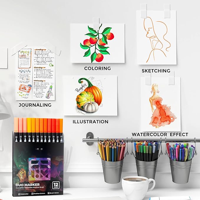 Orange Duo Tip Marker Pens, 12 Pack Fine & Brush Markers for Adult Coloring Books No Bleeding, Sunset Orange Markers for Autumn Scenes, Citrus Fruits, Vibrant Fills and Energetic Artworks