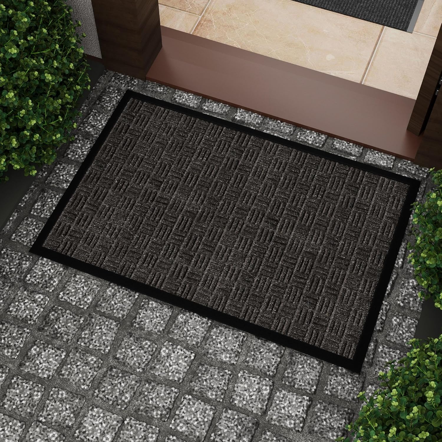 Indoor/Outdoor Hose-Wash Embossed Design Non-Slip Rubber 2x3 Modern Entryway Mat for Entryway, Patio, Backyard, Garage, 24" x 36", Black