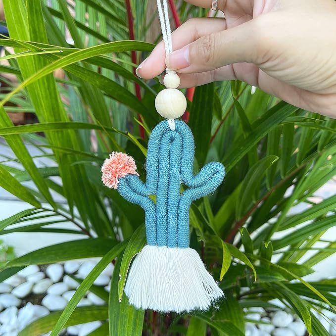 Mila Millie 2 Pack Cactus Macrame Wall Hanging | Handmade Woven Tassel Ornament for Home or Nursery Baby Kids Room Decor | Boho Nordic Scandinavian Style (Blue Green)