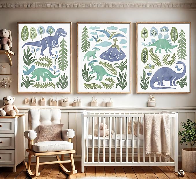 Baby Boys Nursery Wall Art Blue Green Dinosaur Pictures Wall Decor Stegosaurus T-Rex Triceratops Pterodactyl Posters Artwork Watercolor Dino Painting Canvas Prints for Kids Room Toddler Boy Room Decor