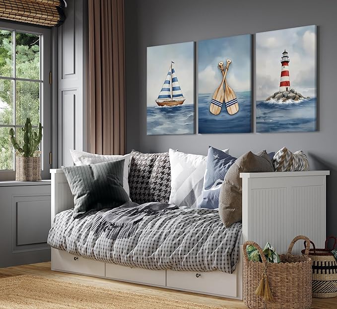 Blue Nautical Nursery Wall Art Vintage Sailboat Lighthouse Pictures Wall Decor Boy Coastal Posters Navy Sea Ocean Canvas Print Artwork for Kids Boys Room Playroom Bedroom Decor, Framed