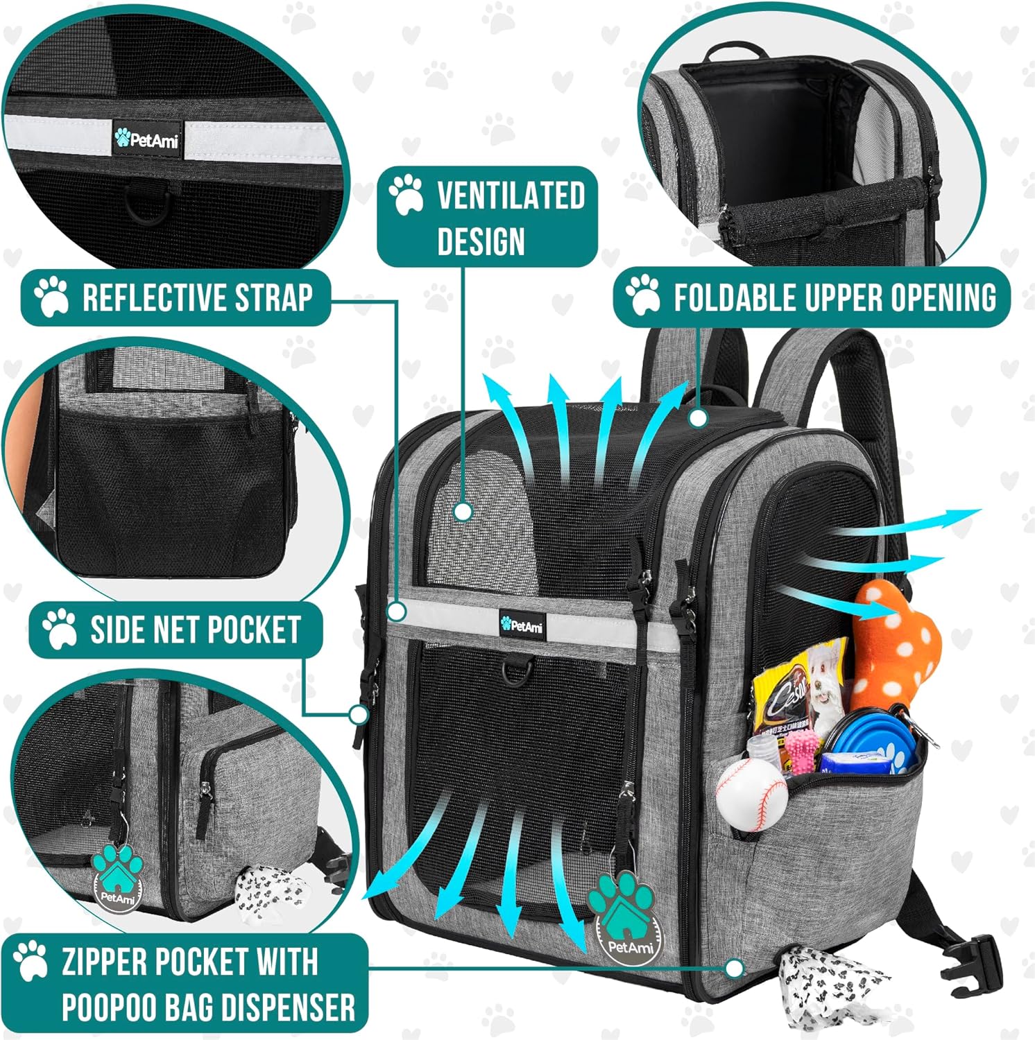 PetAmi Dog Backpack Carrier for Small Large Cat, Pet, Puppies, Ventilated Pet Hiking Backpack Travel Bag, Airline Approved Cat Backpack Carrier, Safety Back Support, Camping Biking, Max 18 lbs, Grey