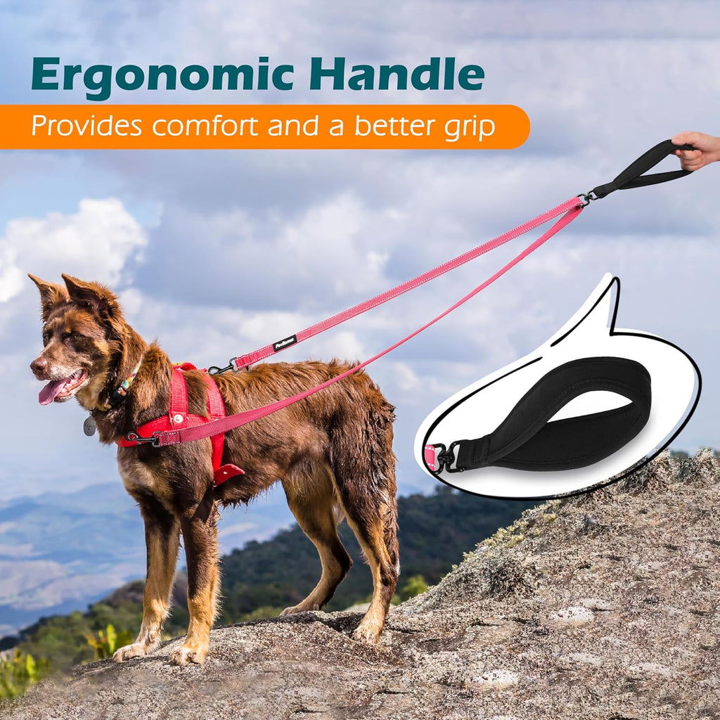 PetBonus Two Point Control Dog Leash, Works with No Pull Harnesses, No Tangle Training Leashes, Soft Padded and Reflective Walking Lead, Converts to Single Lead for Medium Large Dogs (Pink)