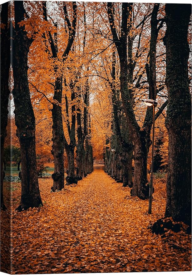 SIGNWIN Canvas Wall Art Orange Autumn Garden Path Nature Forest Photography Realism Rustic Scenic Dramatic Multicolor Cool for Living Room - 16"x24" inches