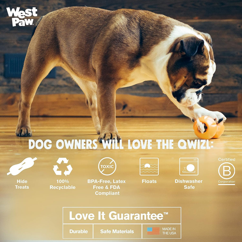 West Paw Zogoflex Qwizl Interactive Treat Dispensing Dog Puzzle Treat Toy for Dogs, 100% Guaranteed Tough, It Floats!, Made in USA, Large, Aqua Blue