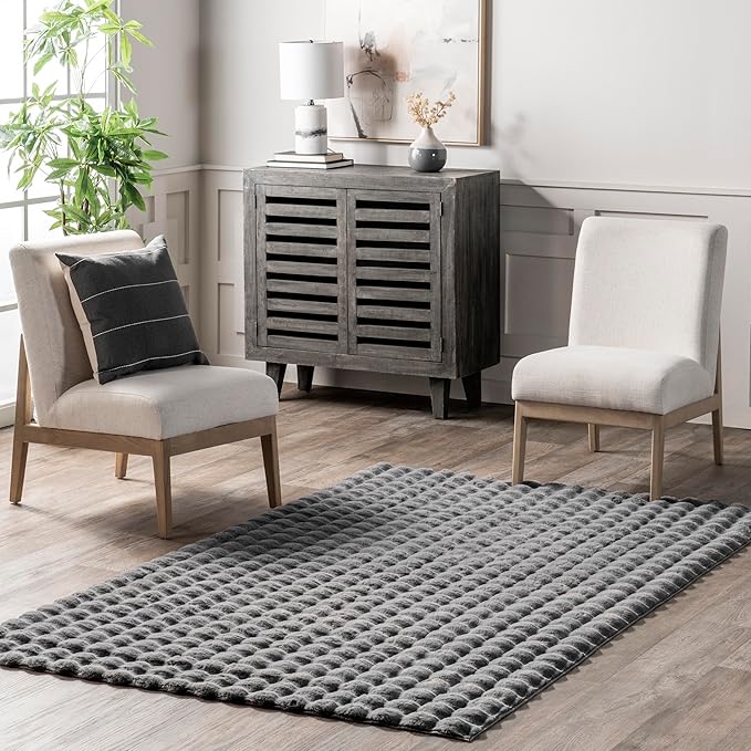 nuLOOM Jeni Dark Grey, 6' Square, Solid Faux Rabbit, Fluffy and Cozy, High Traffic, Stain Resistant, Easy Clean, Durable Washable Area Rug for Bedroom, Living Room, Dining, Den, Foyer, Entryway