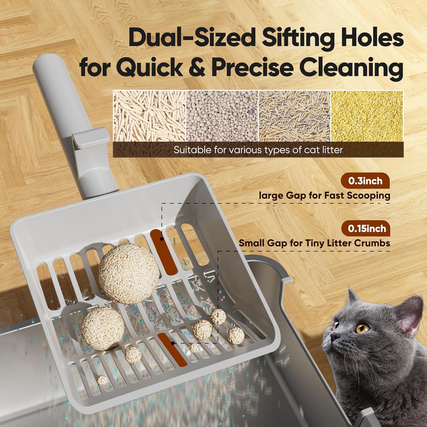 Large Cat Litter Scoop, Heavy-Duty Litter Scoop with Dual Sifting Holes for Fast & Fine Clumping, Kitty Litter Scooper with Long Handle & Easy-to-Hang Hook for Litter Box