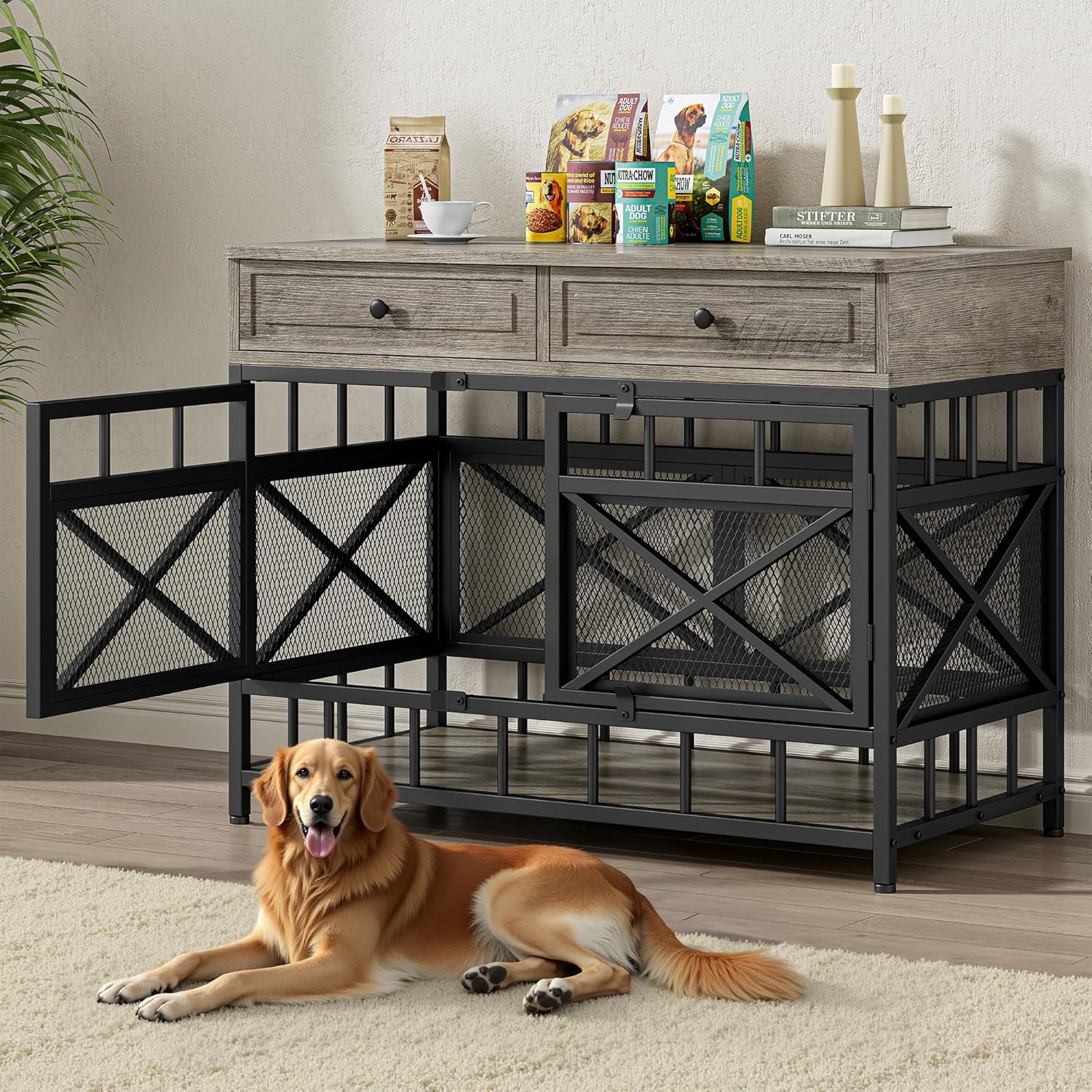 IRONCK 44 inch Large Dog Crate Furniture, Wooden Dog Kennel with Storage Drawers for Medium/Large Dogs, Decorative Dogs Kennel Indoor, Light Ivory