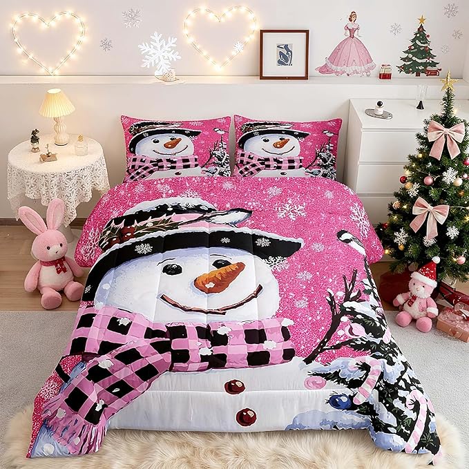Feelyou Kids Christmas Theme Decorations Bedding Set Xmas Snowman Comforter Set for Boys Girls Snowflake Kawaii Cute Hot Red Bedroom Collection Queen Size