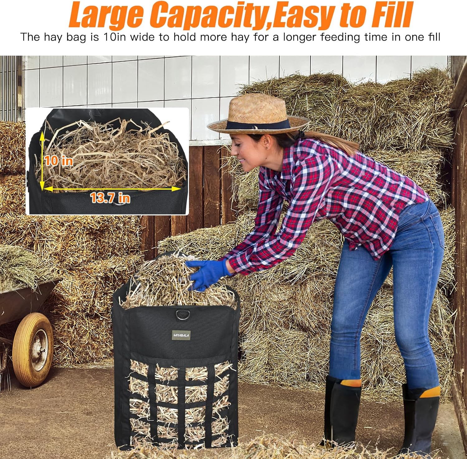 Hay Bags for Horses,Two-Sided Premium Oxford Slow Feed Hay Bags for Goats,Sheep,Donkey,Large Top Opening with Hook-and-Loop Seals,Easy to Hang with Adjustable Strap (Black, Large 1 Pack)
