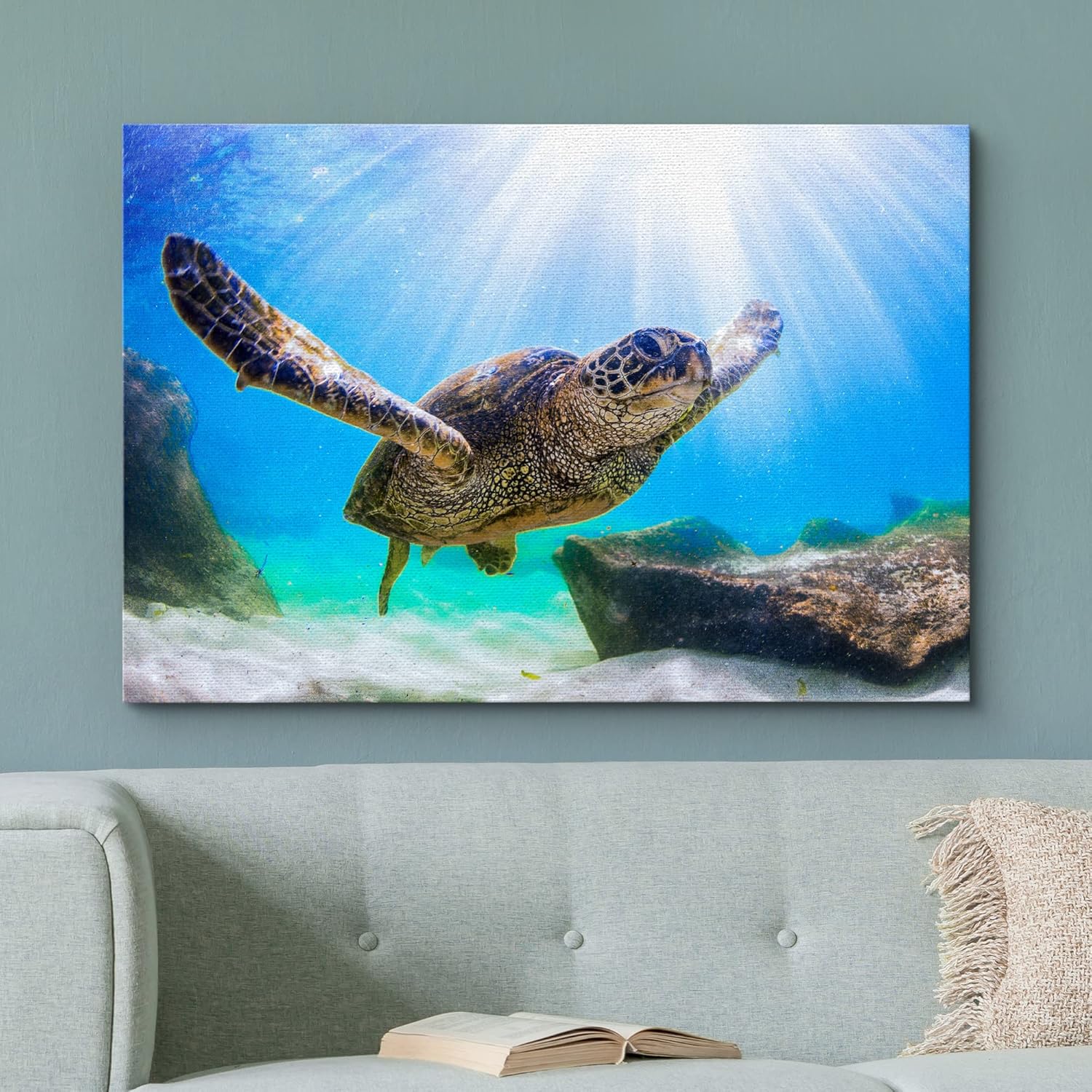wall26 Canvas Print Wall Art Sunlight Ray Tropical Turtle Swimming Ocean Nature Animals Photography Realism Rustic Scenic Landscape Wilderness Colorful for Living Room, Bedroom, Office - 12"x18"