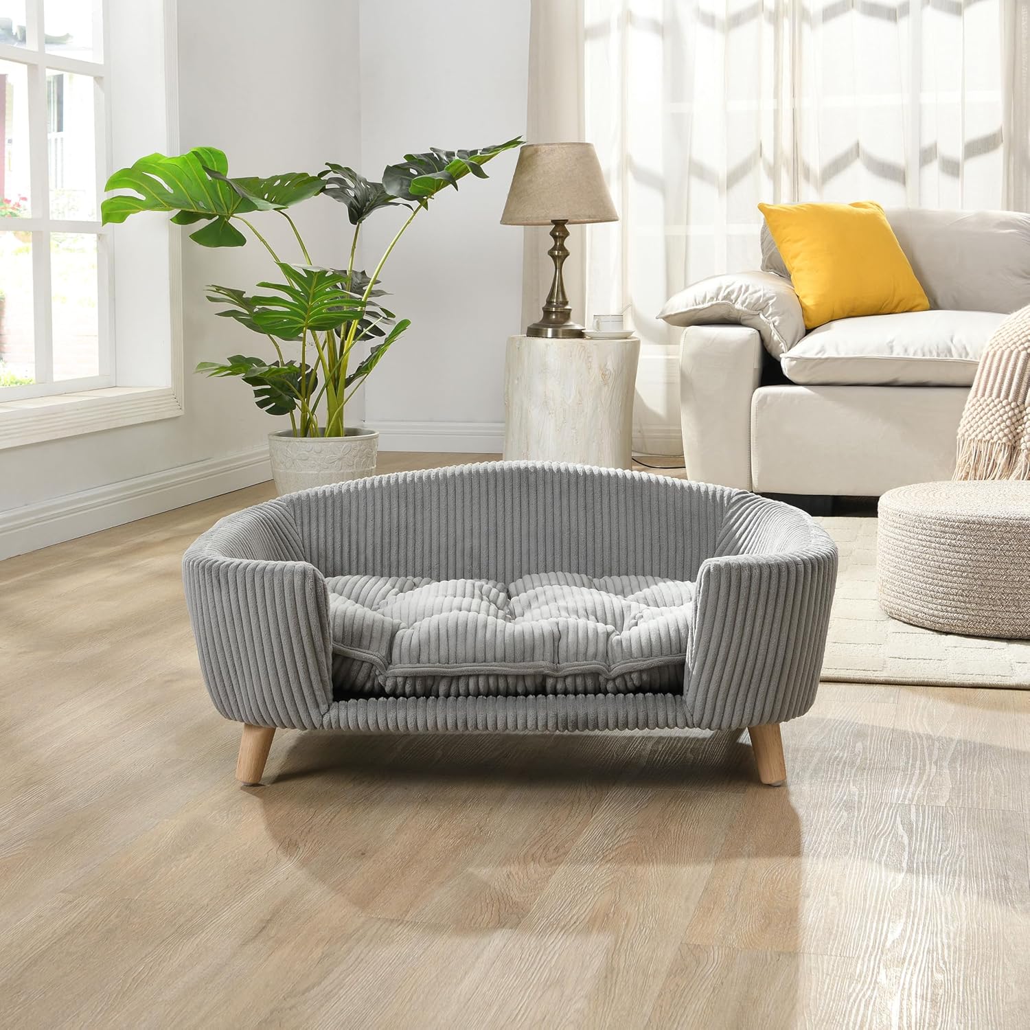 Christopher Knight Home Elroy Orthopedic Dog Bed, Elevated Dog Sofa Bed for Small Dog, Supportive Foam Pet Couch Bed with Wooden Legs, Modern Pet Sofa Bed, Gray