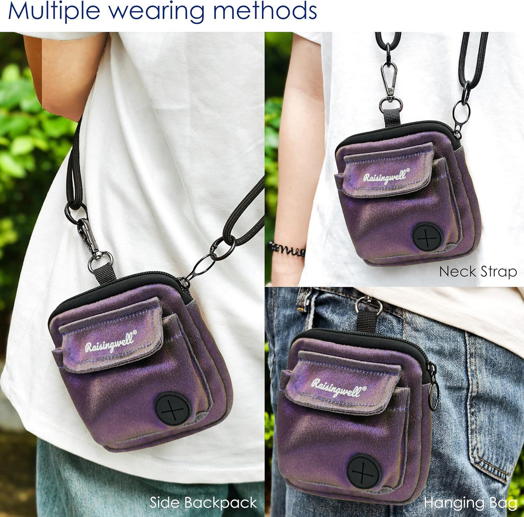 Dog Treat Pouch for Pet Walking and Training with Clicker Poop Bags and Double Bag Design Small Fanny Zipper Pack Holder for Puppy Snack Dispenser Kit for Leash and Outdoor Use (NM-Purple,)