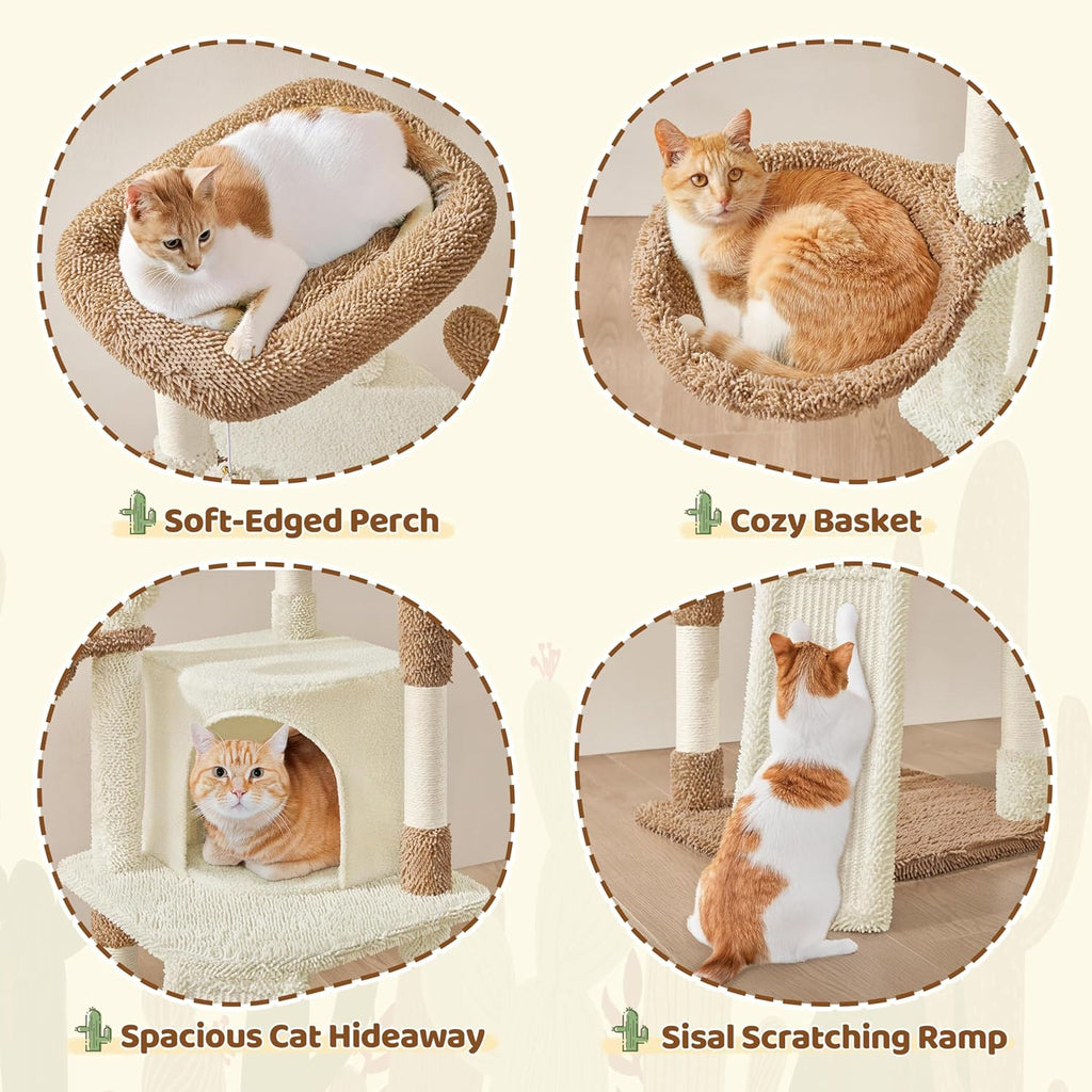 Yaheetech Cactus Cat Tree, 42in Cat Tower for Indoor Cats, Multi Level Kitten Condo Scratching Post, Pet Activity Center Furniture w/Ball, Plush Perch, Platform, Basket, Beige/Brown