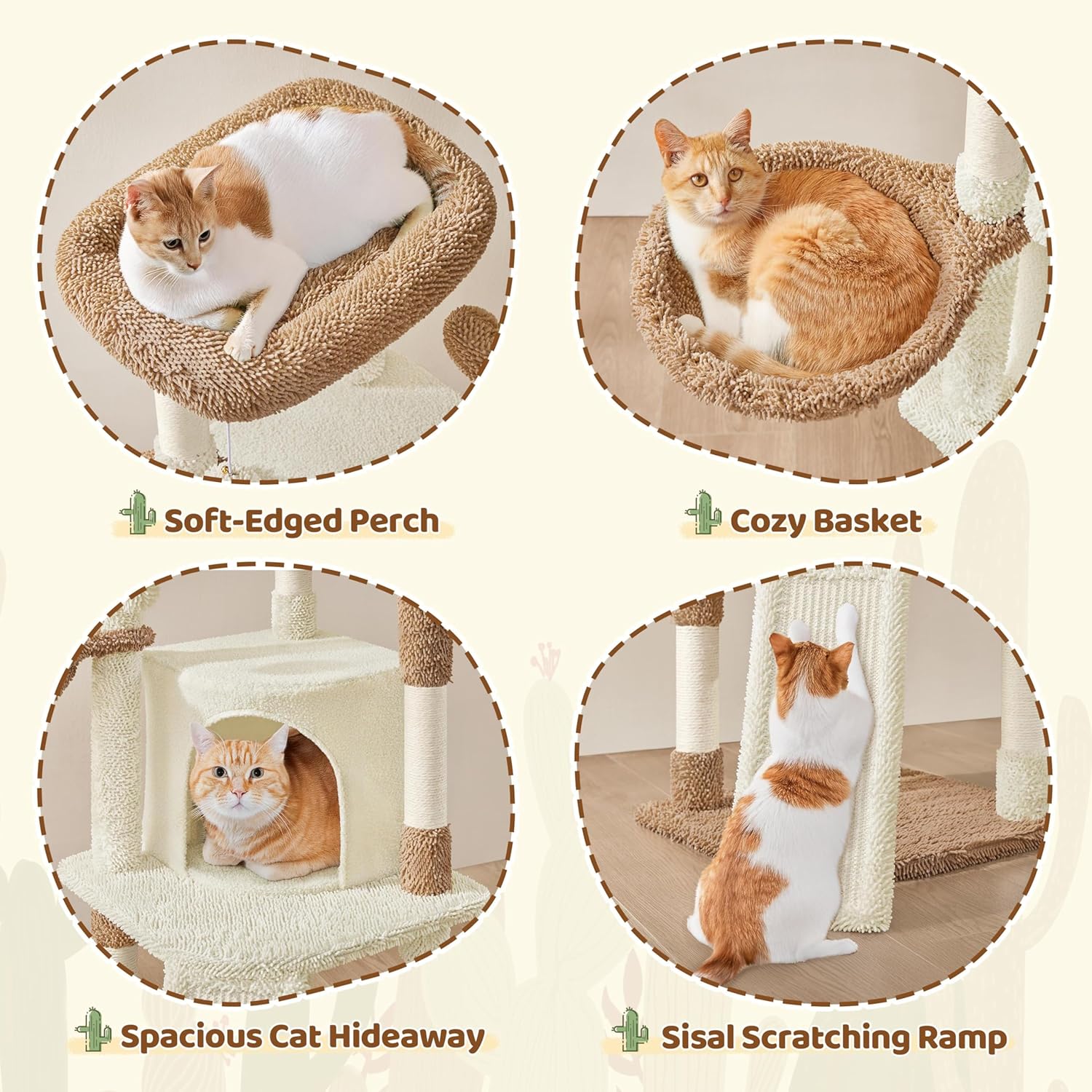 Yaheetech Cactus Cat Tree, 42in Cat Tower for Indoor Cats, Multi Level Kitten Condo Scratching Post, Pet Activity Center Furniture w/Ball, Plush Perch, Platform, Basket, Beige/Brown