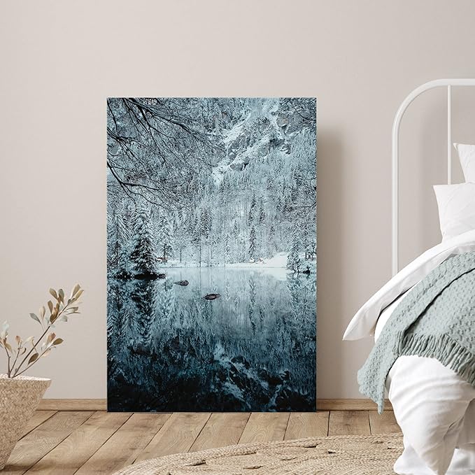 SIGNWIN Canvas Wall Art Woodland Nursery Decor Magical Winter Reflection Lake Nature Forest Photography Realism Rustic Scenic Dramatic Multicolor Cool for Living Room - 32"x48" inches