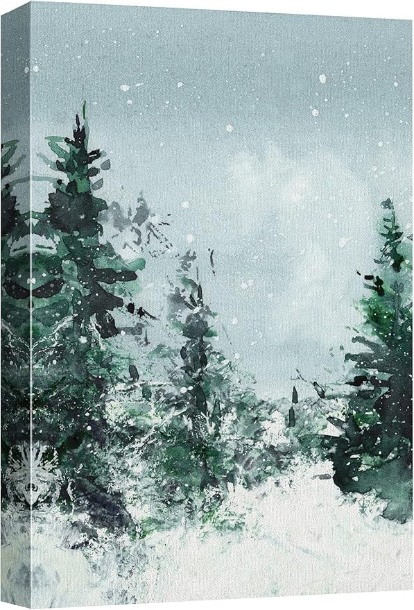 SIGNWIN Canvas Print Wall Art Woodland Nursery Decor Winter Snow Watercolor Pine Tree Forest Nature Illustrations Modern Art Decorative Landscape Colorful for Living Room, Bedroom, Office - 32"x48"