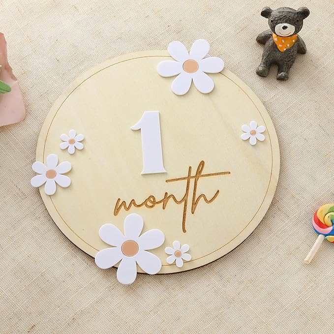 Wooden Baby Monthly Milestone Cards - Daisy Wooden Marker Discs Baby Announcement, Full Moon Party Photo Decoration Props