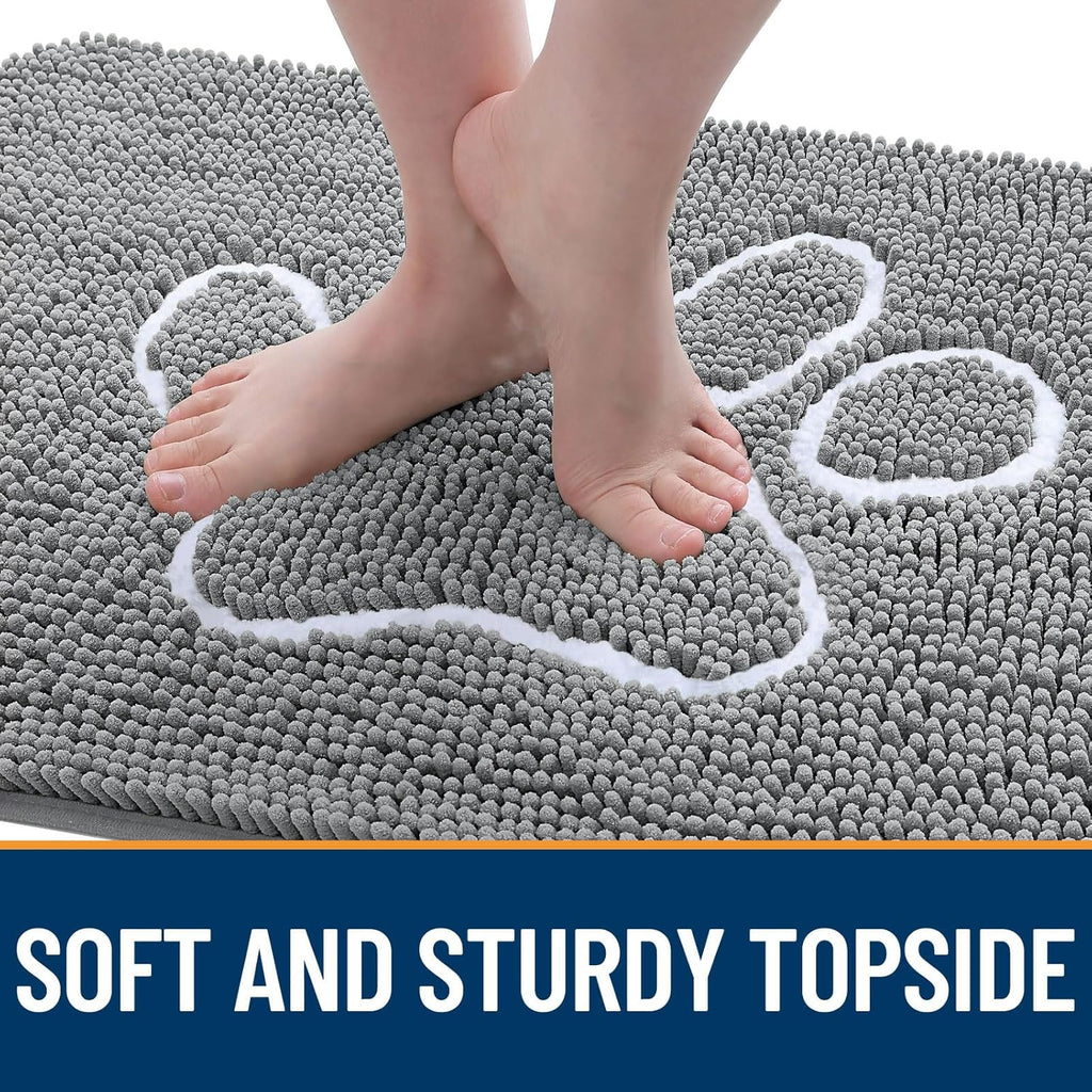 OLANLY Door Mat for Muddy Dog Paws 48x30, Absorbent Chenille Mud Doormat with Paw Print Design, Non-Slip Washable Doormat for Indoor Entryway, Quick-Dry Pet Bed Mats for Dirty Dogs, Grey and White