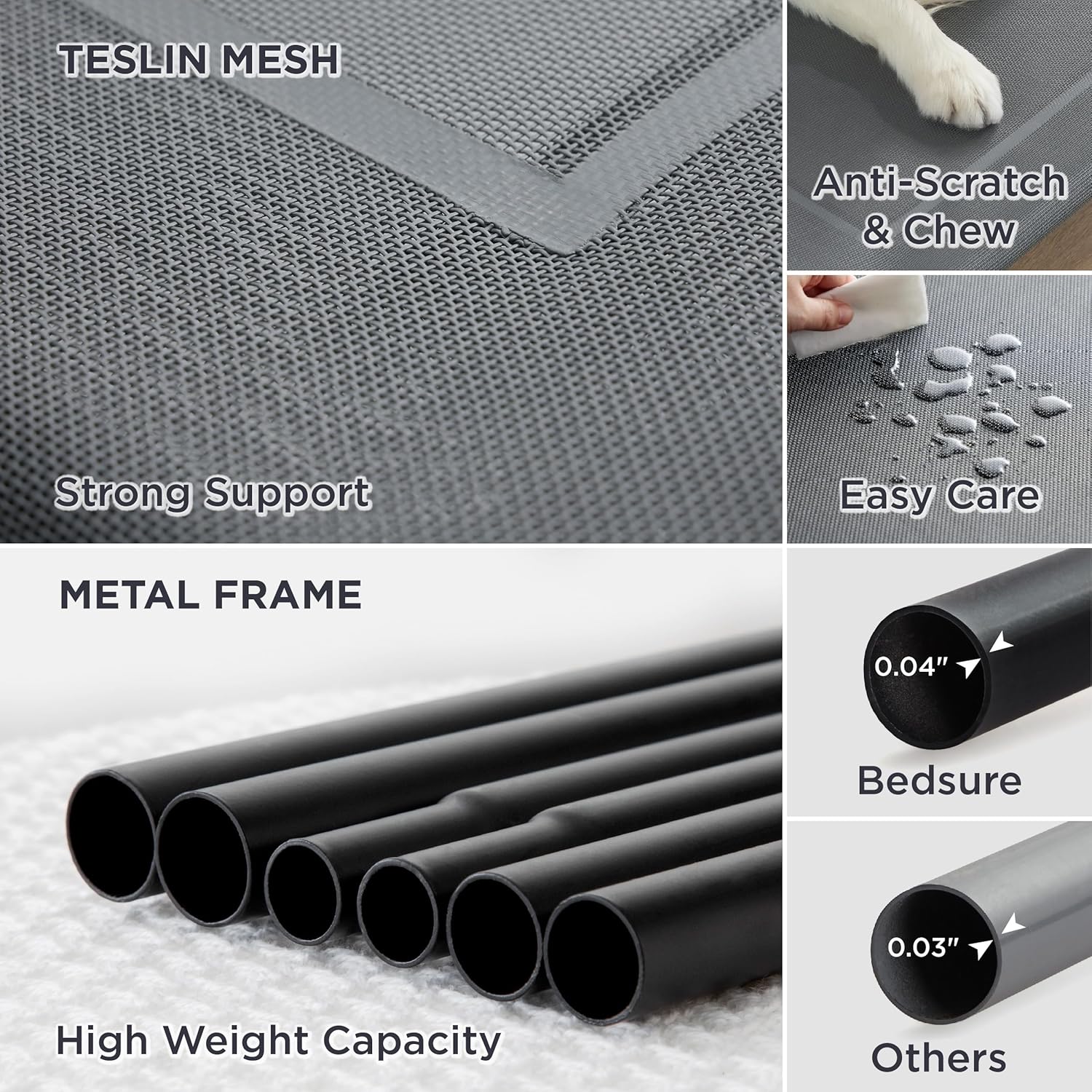 Bedsure Outdoor Elevated Dog Bed Medium Size Dog, Portable Indoor & Outdoor Cooling Raised Cot Pet Hammock Bed with Skid-Resistant Feet, Frame with Breathable Mesh, Grey, 43 inches