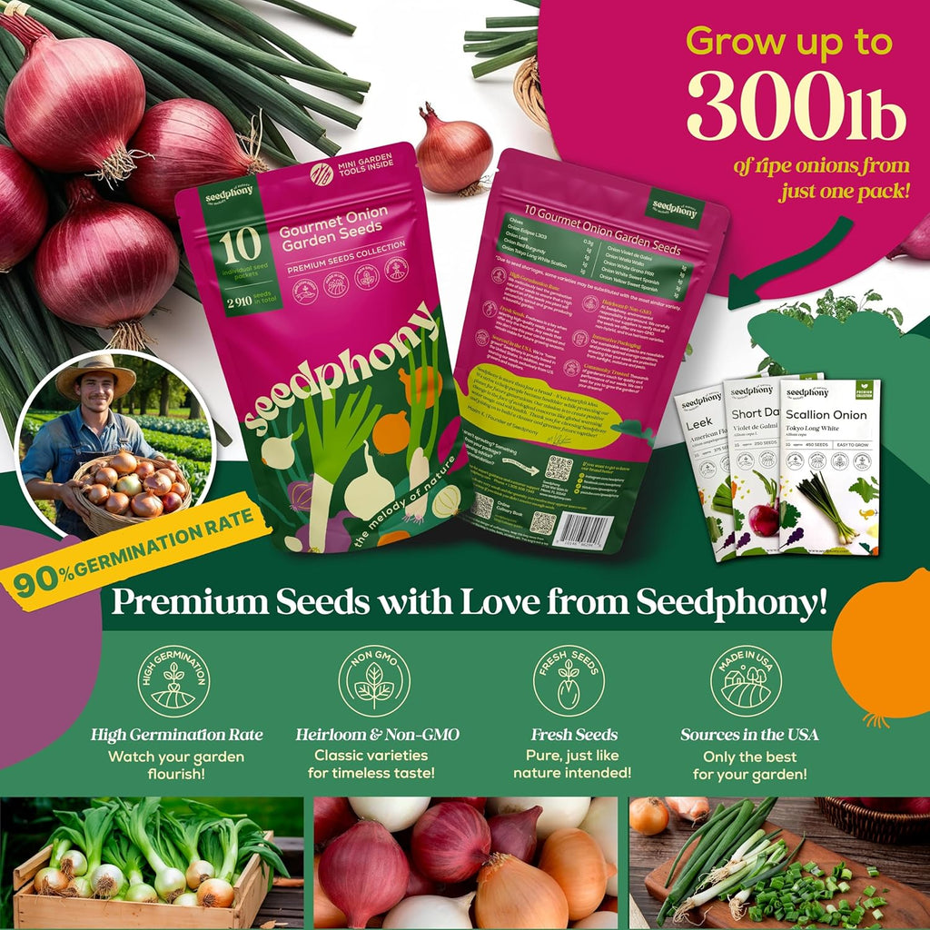 10 Gourmet Onion Seeds for Planting Variety Pack - 2,900+ Non-GMO Heirloom Vegetable Seeds for Growing Indoor & Outdoor: Red Burgundy, Leek, Walla Walla, Grano White & Yellow Sweet Spanish