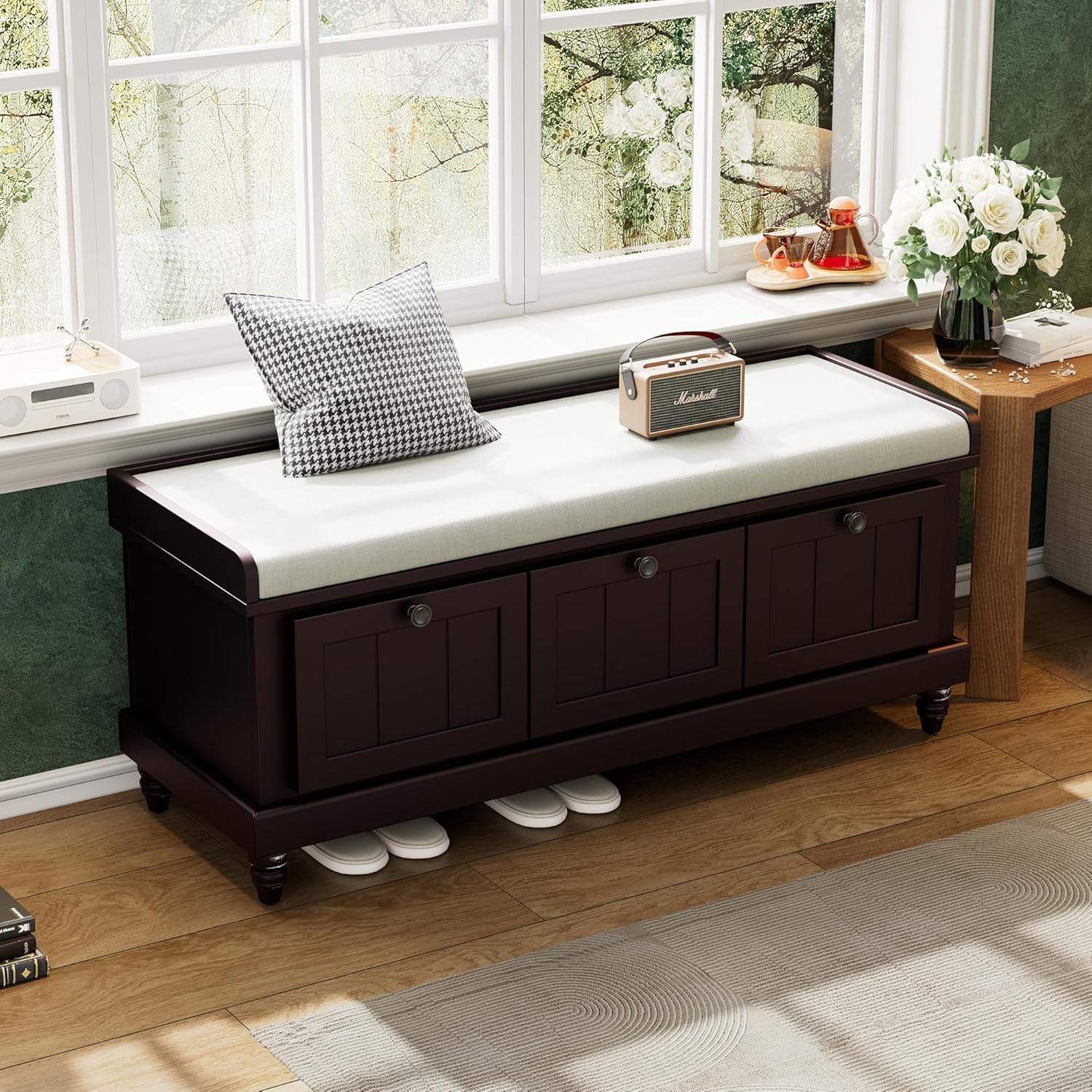 Classic Shoe Storage Bench with Cushion and Three Drawers, Fluted Entryway Bench with Storage for Entryway, Living Room, Hallways 44.0" L x 15.9" W x 18.9" H Espresso