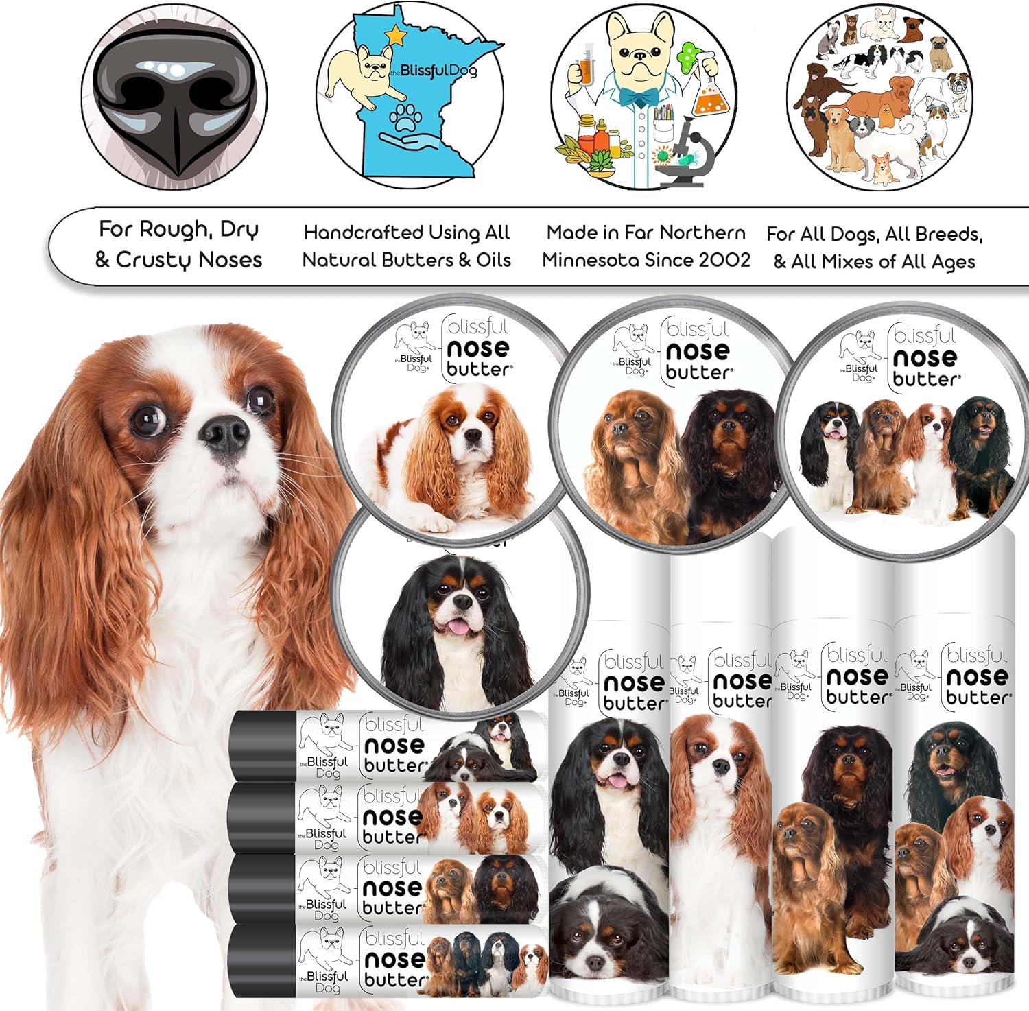 The Blissful Dog Cavalier King Charles Spaniel Nose Butter, Versatile Dog Nose Balm for Dry Nose, Handcrafted Nose Moisturizer, Easy-to-Apply Dog Essentials, Unscented, 0.15 oz.