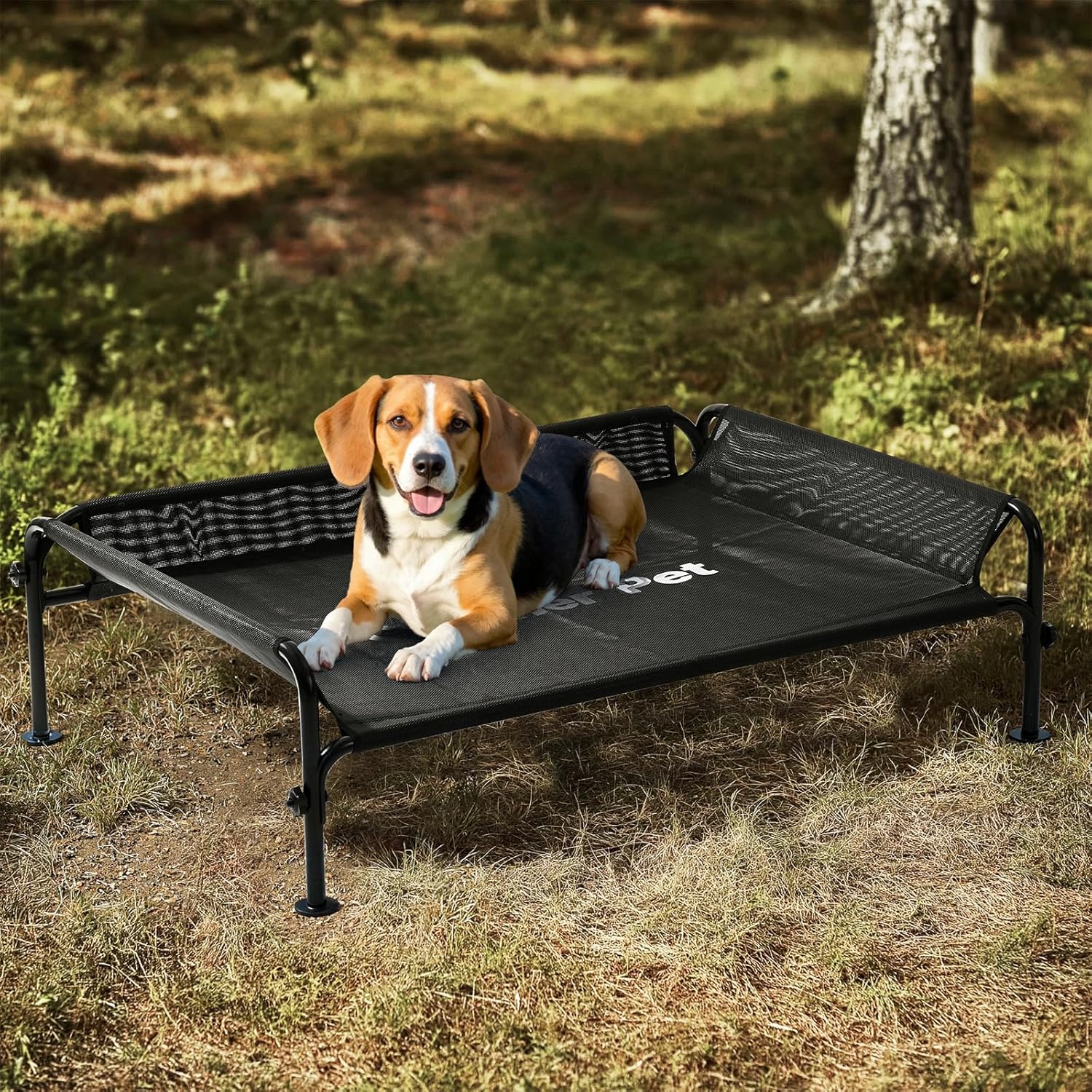 Gardner Pet Elevated Dog Bed for Medium Size Dog, Outdoor Raised Bed Waterproof Portable Cooling Cot Pet Hammock Bed with 3-Sided Guardrail, Breathable Mesh, Black, 42 Inches