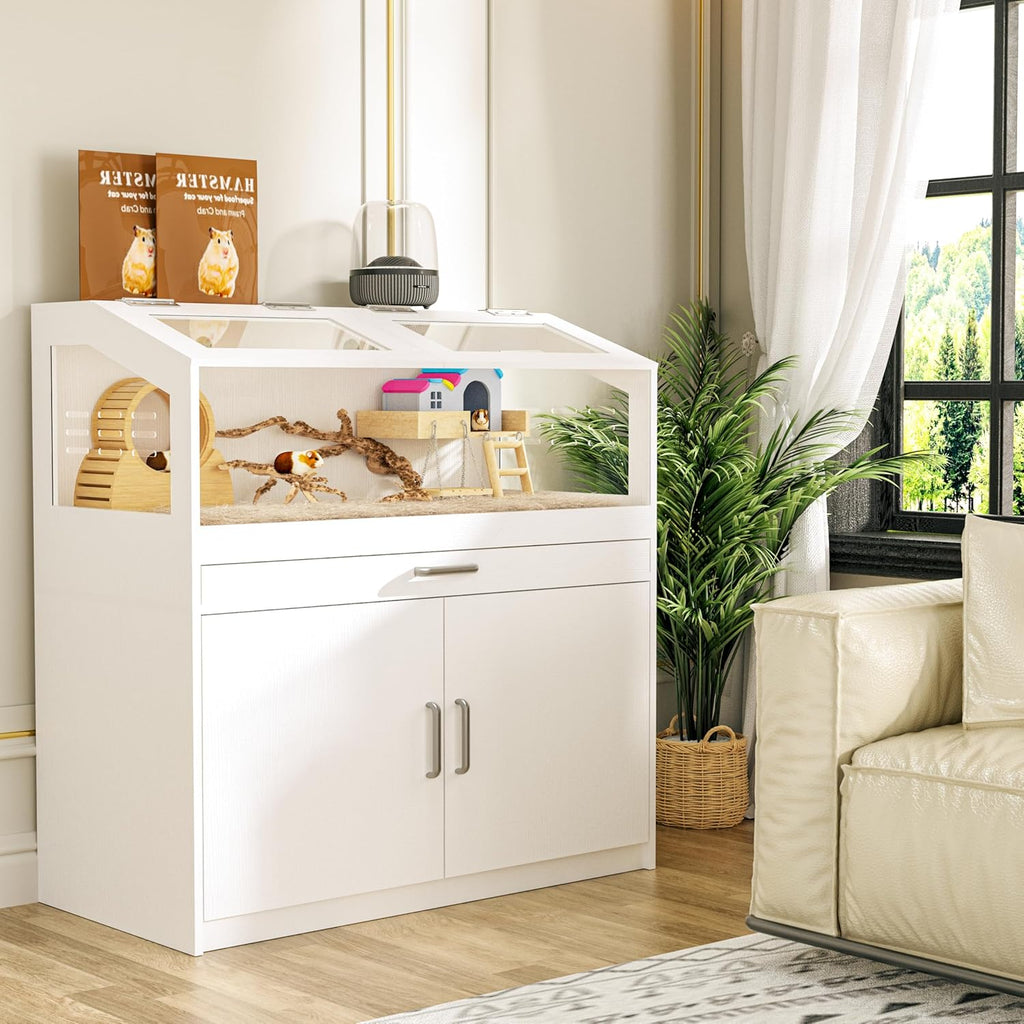 Hamster Cage with Storage Cabinet, Guinea Pig Cage for Small Animals, Large Hamster Cage and Habitat with Easy View Acrylic Panels for Hamster, Rabbit, Guinea Pig, Hedgehog (39"x19"x40")