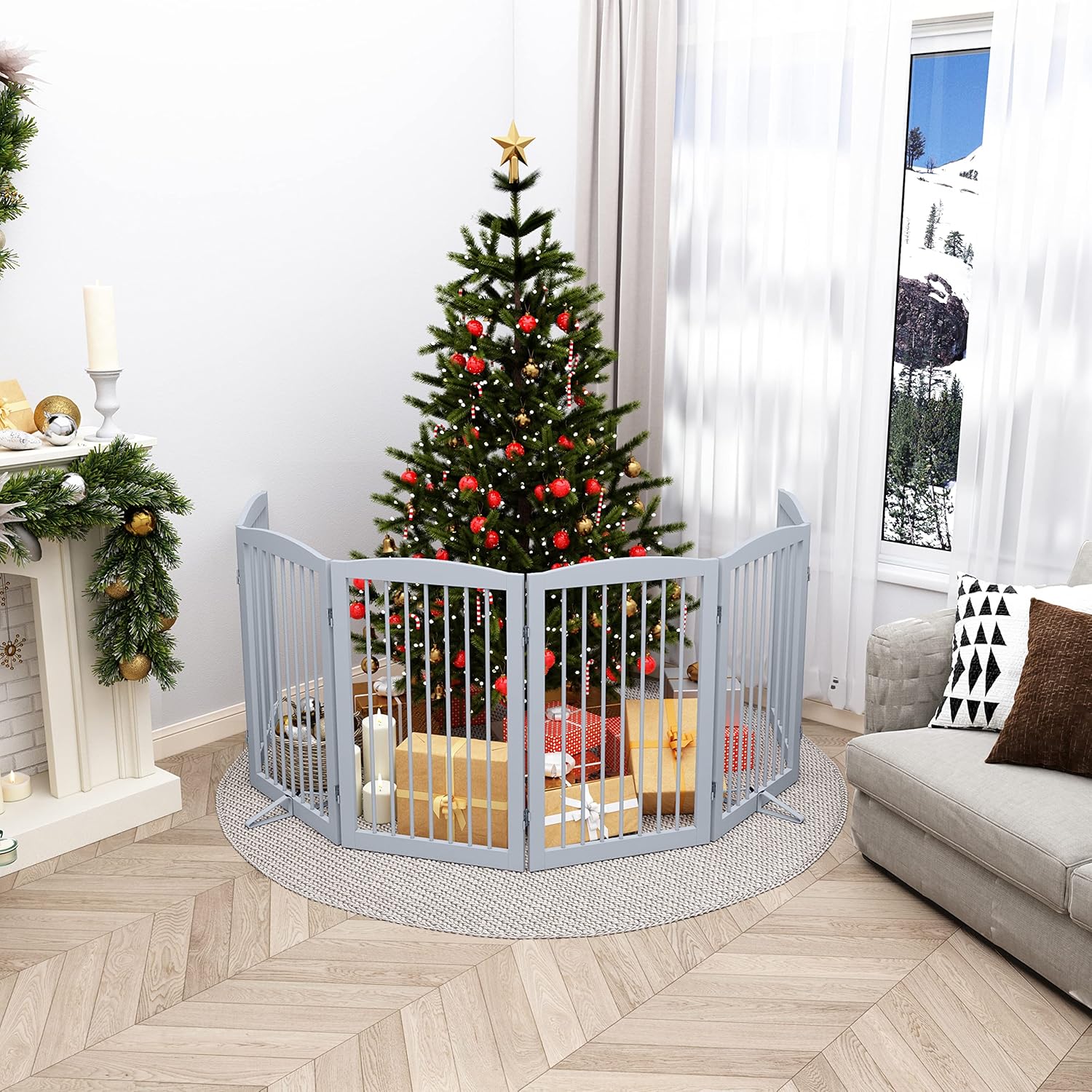 Freestanding Pet Gate for Dogs, Indoor Wooden Foldable Dog Gate for House, Extra Wide, Pet Fence for Stairs, Doorways, Halls, Support Feet Included, 120 Inch Wide, 6 Panels 32",Grey