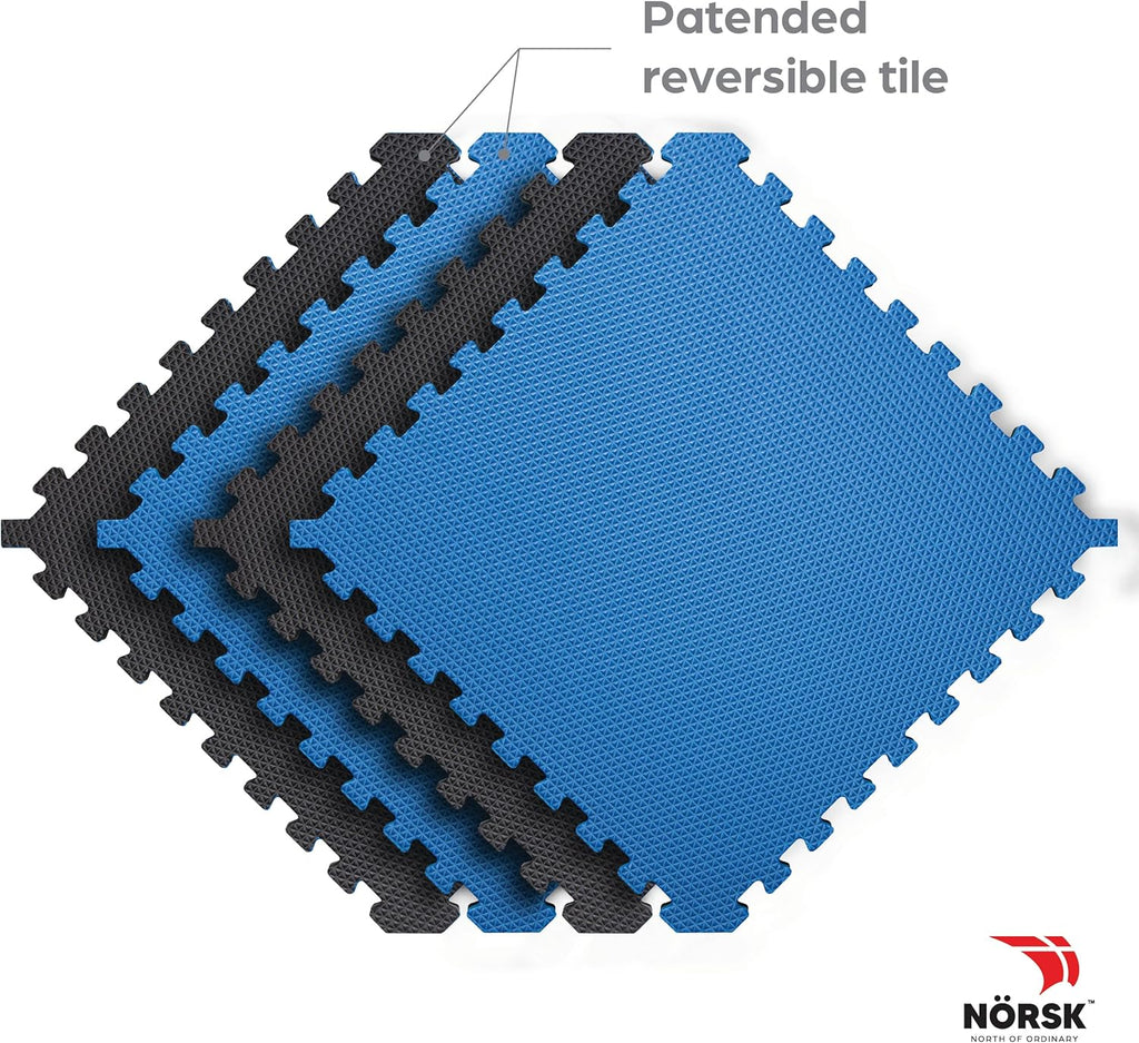 Norsk Reversible Gym Exercise Mats 3/4" Thick EVA Interlocking Foam Tiles, Perfect Home Gym Flooring, 24 Tiles & 48 Trim Pieces, 96 Sq. Ft. Reversible, Dazzling Blue/Black