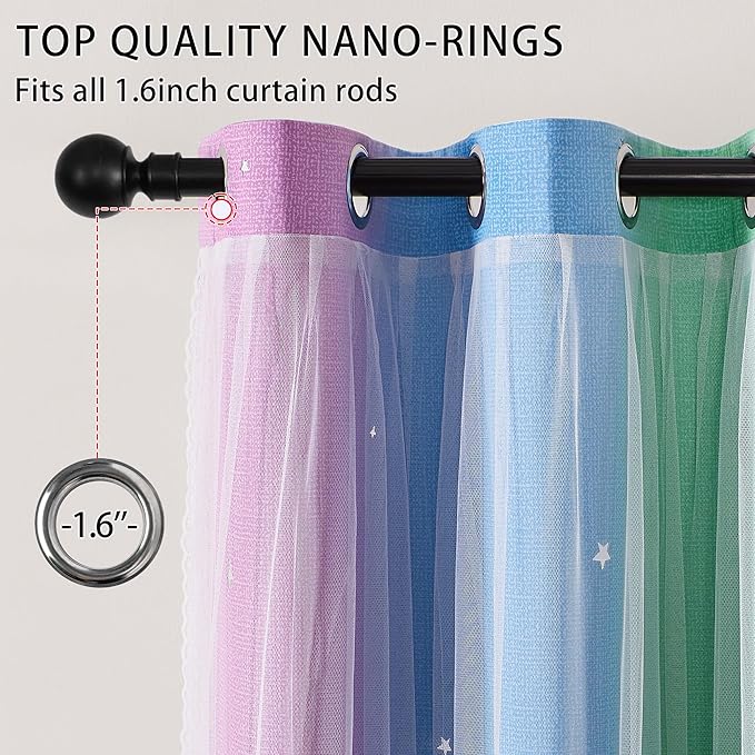 XiDi Blackout Curtains for Girls Bedroom Decor 54 inches Long Window Curtains Colorful Rainbow Design 2 Panel, Kids Room Unicorn Princess Theme Home Decor Ombre Drapes Green Purple Blue W34 X L54