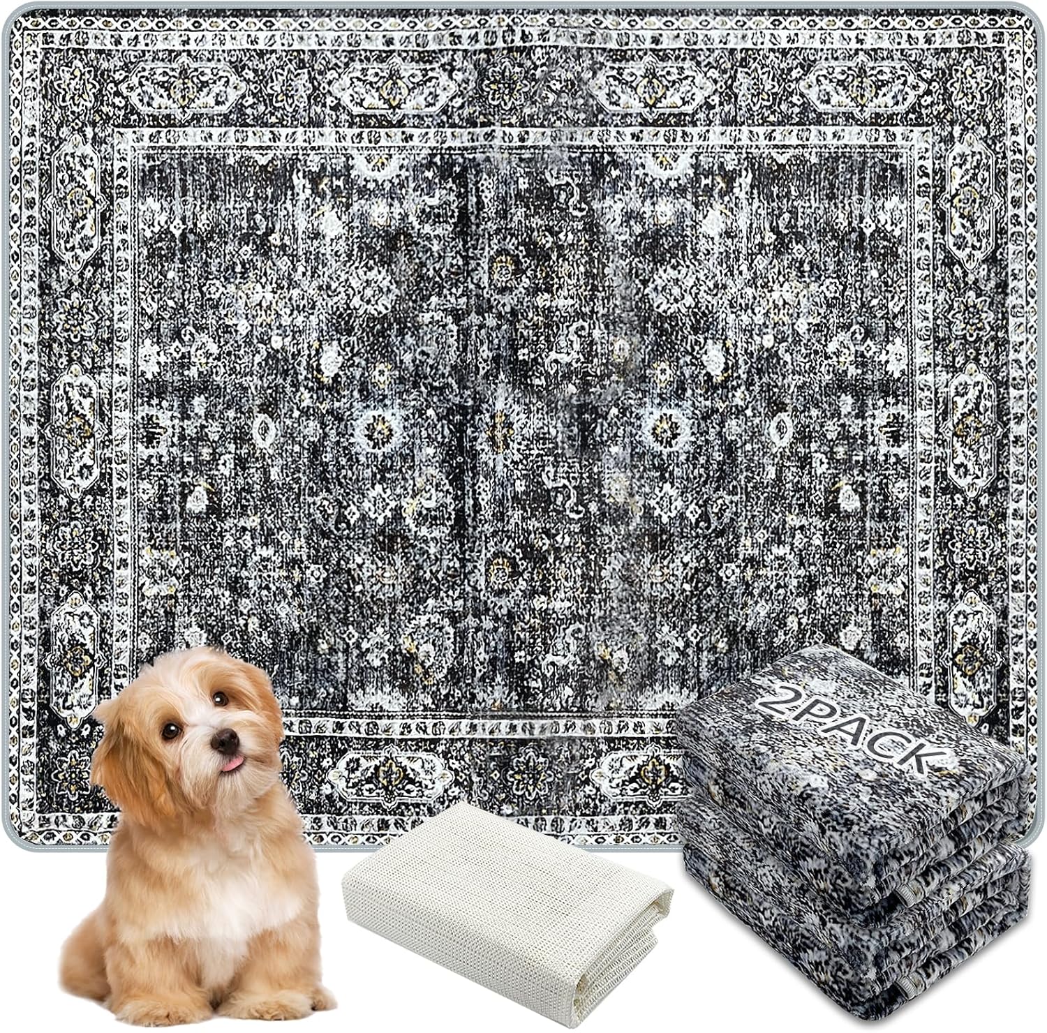 Washable Pee Pads for Dogs, (2 Pack, 36"x42") Upgrade Reusable Puppy Pads with Non-Slip Rug Pad, Super Thickening Absorbent Leakproof Dog Traning Pads Whelping Pad for Dogs, Doggie(Black)