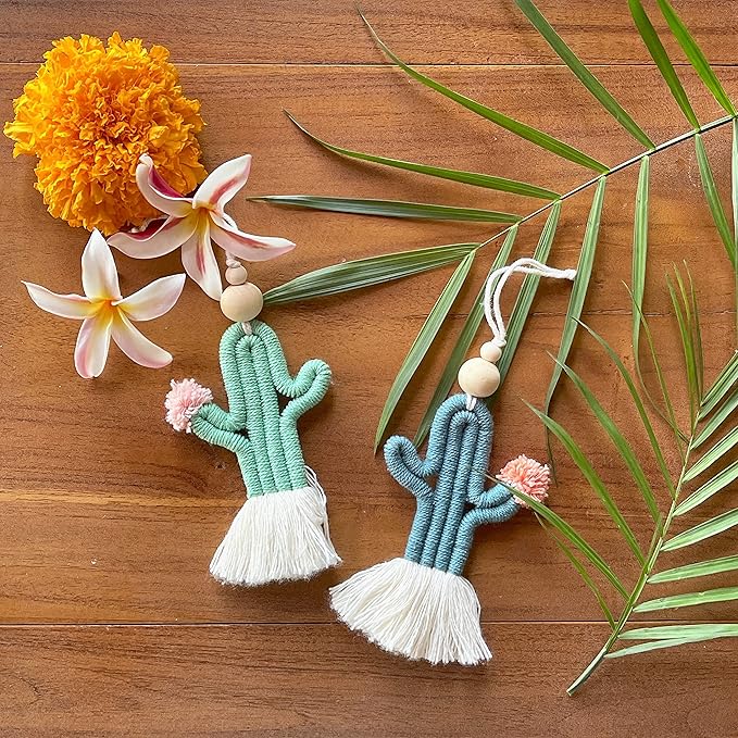 Mila Millie 2 Pack Cactus Macrame Wall Hanging | Handmade Woven Tassel Ornament for Home or Nursery Baby Kids Room Decor | Boho Nordic Scandinavian Style (Blue Green)