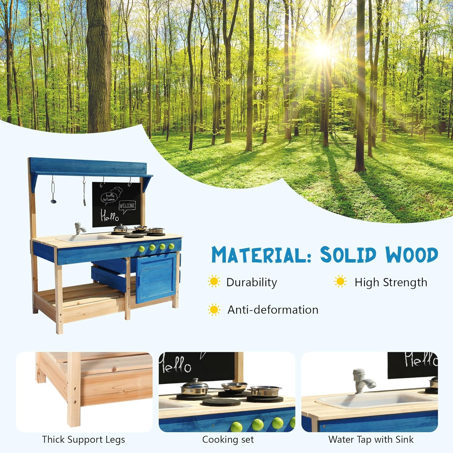 Mud Kitchen Playset for, Outdoor Wooden Toy Play Kitchen Set for Boys and Girls, Kitchen Accessories and Garden Sink with Faucet, Blackboard, Cookware Pot (Blue)