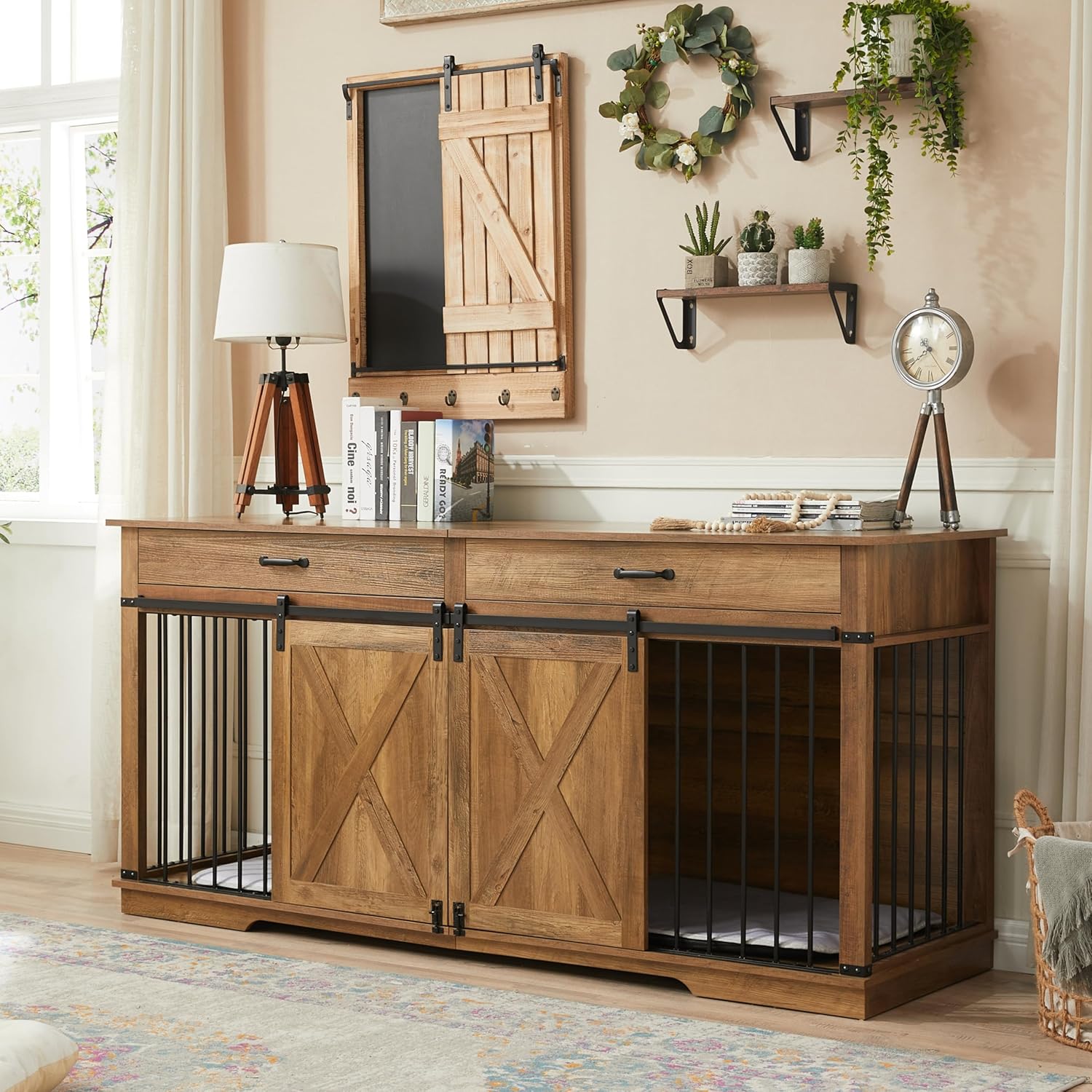 72.5" Extra Large Furniture Style Double Dog Crates for Large Breeds, XXL Wooden Dog Kennel Furniture with Drawers, Divider, Water Resistant & Barn Door for 2 Dogs, Rustic Oak
