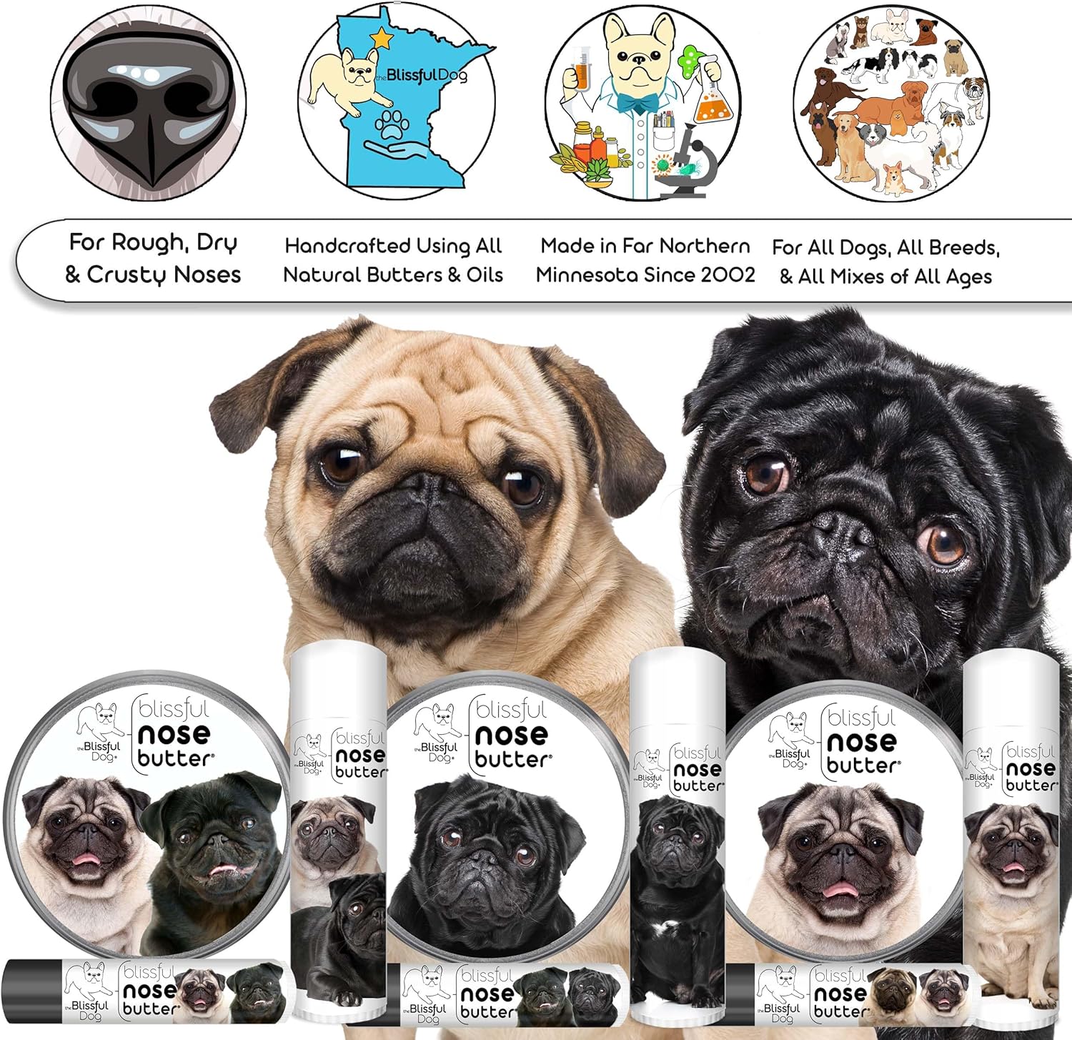 The Blissful Dog Pug Duo Unscented Nose Butter - Dog Nose Butter, 2 Ounce