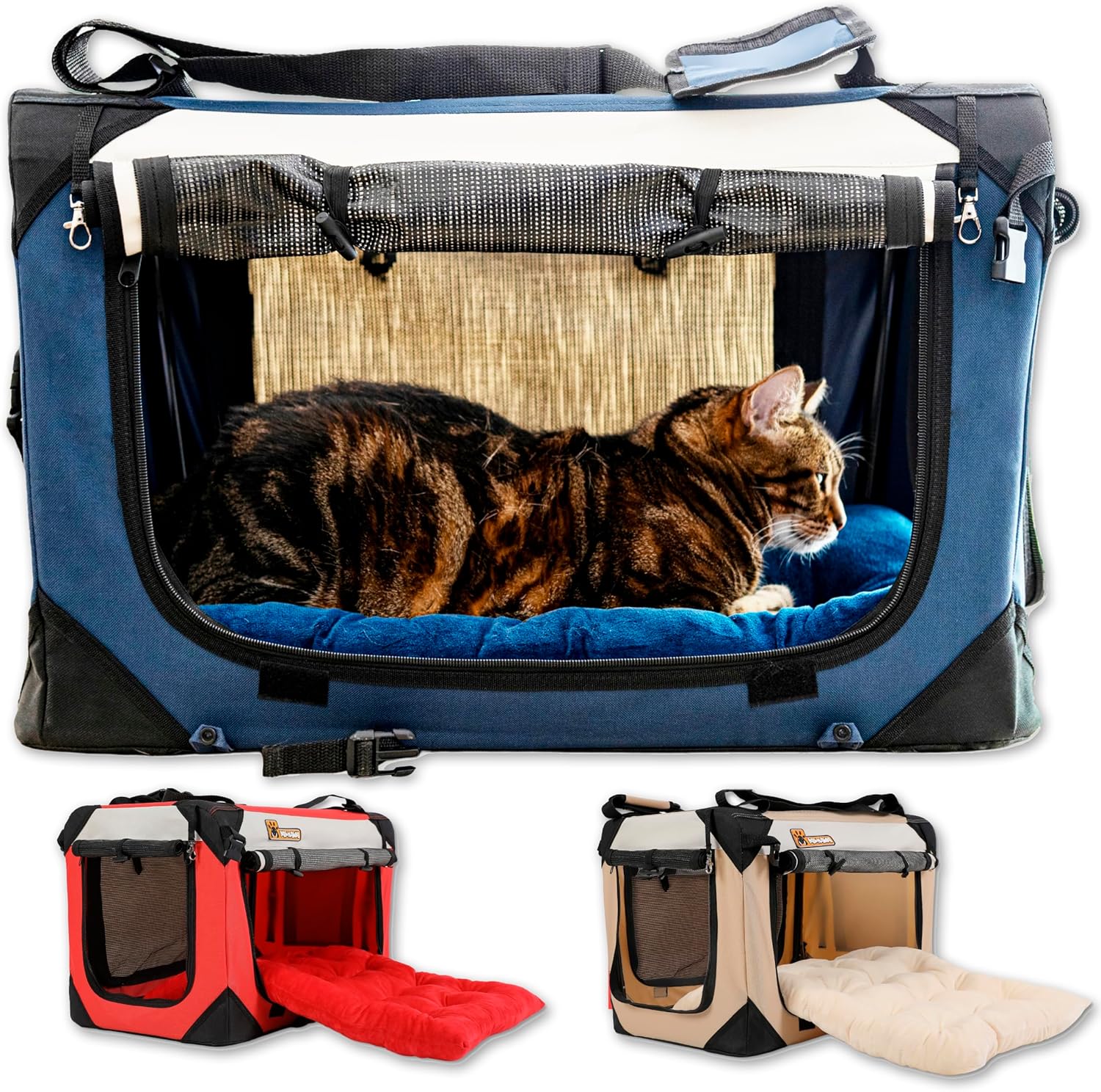 Extra Large Dog Cat Puppy Carrier 24"x16"x16" Foldable Soft Sided Travel Crate Portable Pet Kennel With Cushion Reduces Anxiety Saves Space Easy Vet Visits Secure Triple Entry Mesh Lightweight Durable