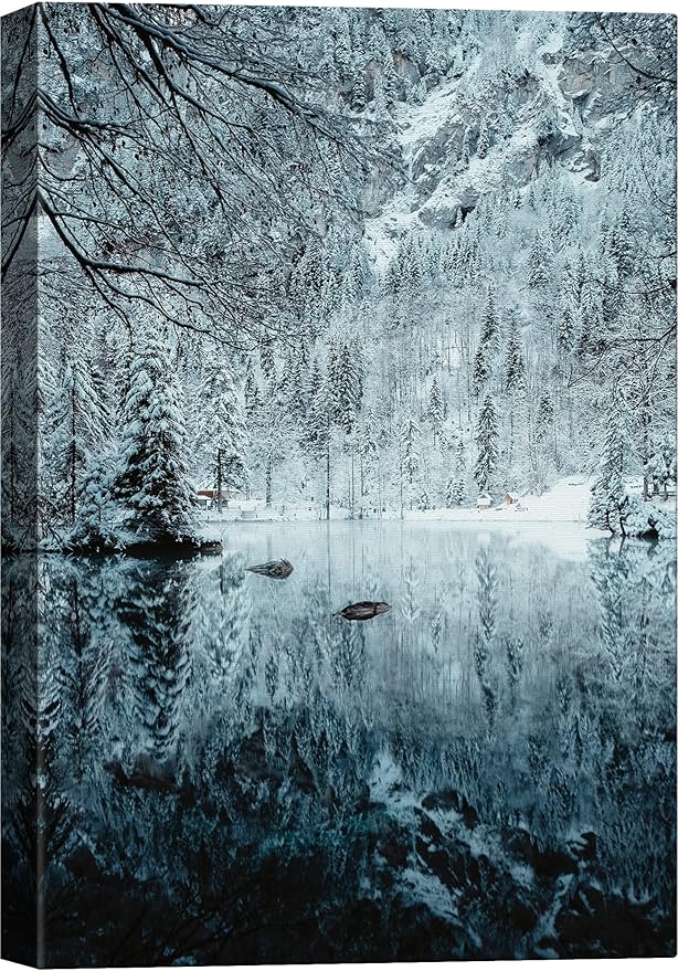 SIGNWIN Canvas Wall Art Woodland Nursery Decor Magical Winter Reflection Lake Nature Forest Photography Realism Rustic Scenic Dramatic Multicolor Cool for Living Room - 12"x18" inches