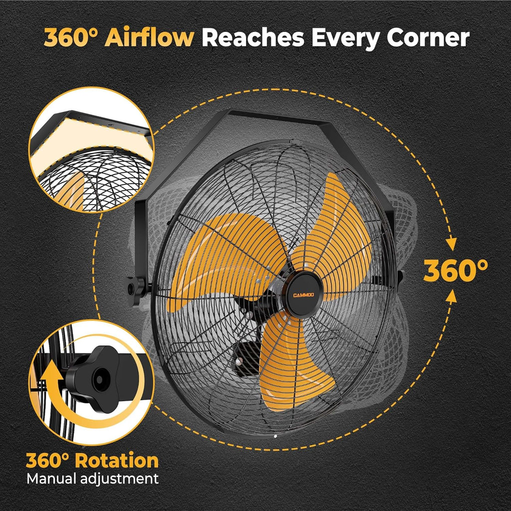 18 Inch Wall Mount Fan, Extended 6.6ft Power Cord, 360° Tilt Adjustment, 3-Speed, IP44 Industrial Commercial Wall Mounted Fan for Greenhouse, Garage, Workshop, Covered Patio, 1 Pack