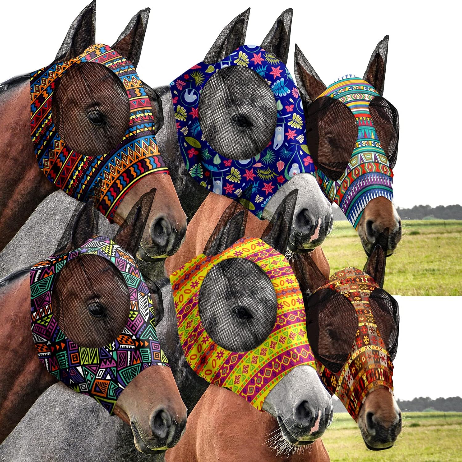 Chunful 6 Pcs Horse Fly Masks with Ears Smooth and Comfortable Cashel Mesh Fly Mask Elasticity Breathability UV Protection Horse Face Covering for Riding Supplies(Geometric,Large)