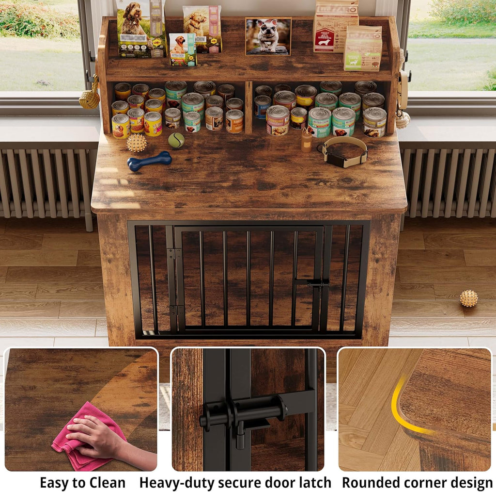 IRONCK Dog Crate Furniture, 33.4 inches Wooden Small Dog Crate with Storage and 4 Hooks, Heavy Duty Pet Crate for Small Dog, Decorative Pet Cage for Indoor (22" L x 33.4" W x 37.4" H)