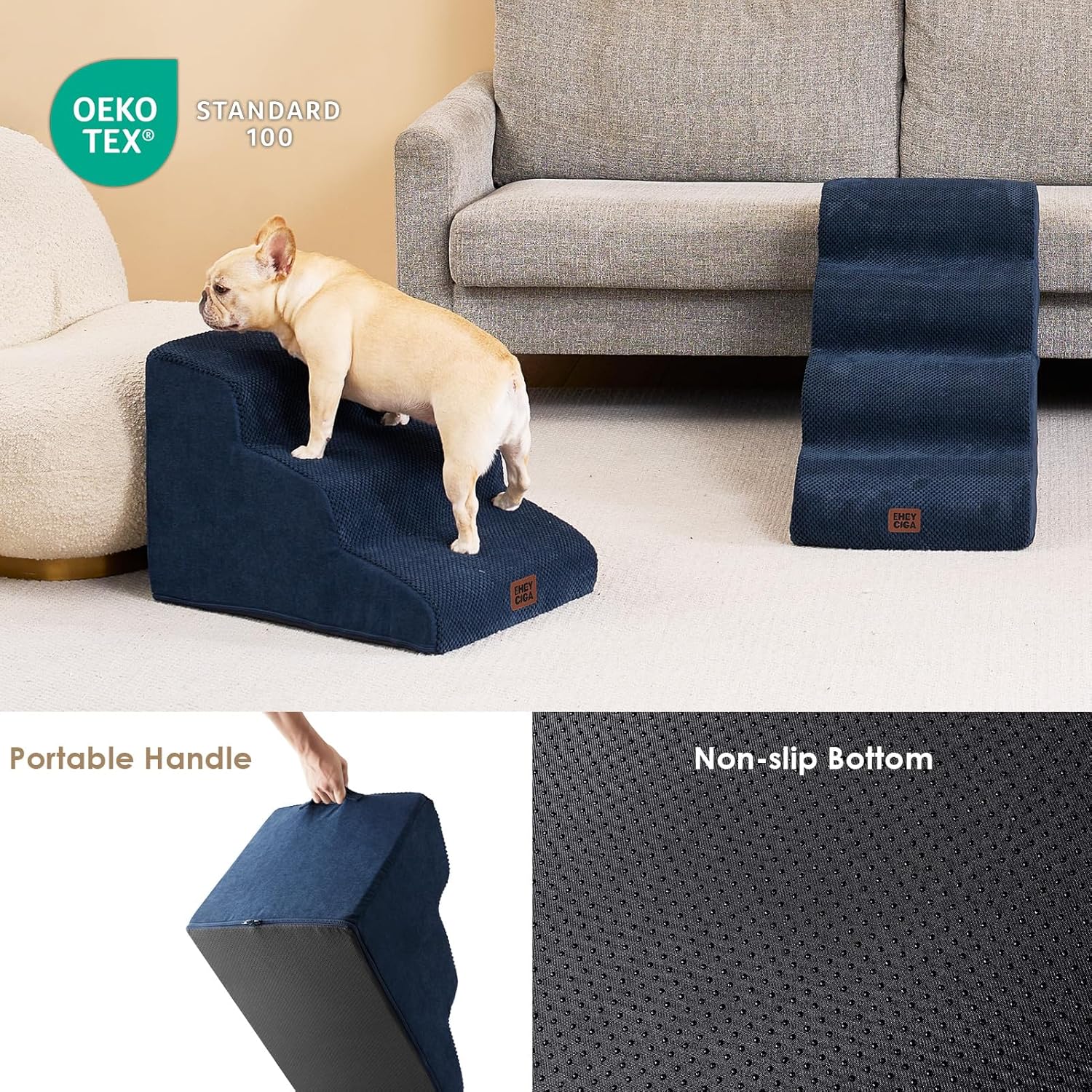 EHEYCIGA Curved Dog Stairs Ramp for Small Dogs 15.7" H, 3-Step Dog Steps for Couch Sofa and Chair, Pet Stairs for Cats, Non-Slip Balanced Pet Steps Indoor, Navy