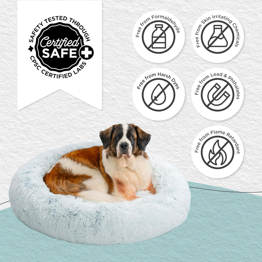 Best Friends by Sheri Original Calming Donut Dog and Cat Bed, Shag Faux Fur, Frost Gray, XL (45in x 45in) - Anxiety Relief for Pets Up to 150 lbs
