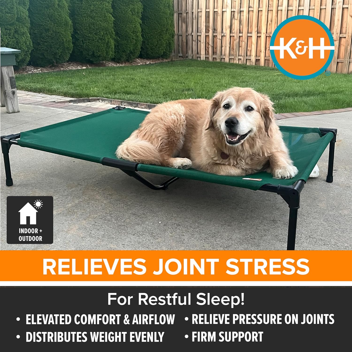 K&H Pet Products Outdoor Elevated Dog Cot, Cooling Raised Bed with Waterproof Breathable Mesh for Medium Dogs, Portable Place Bed with Heavy-Duty Metal Frame & Hammock Style Cover - Medium Green