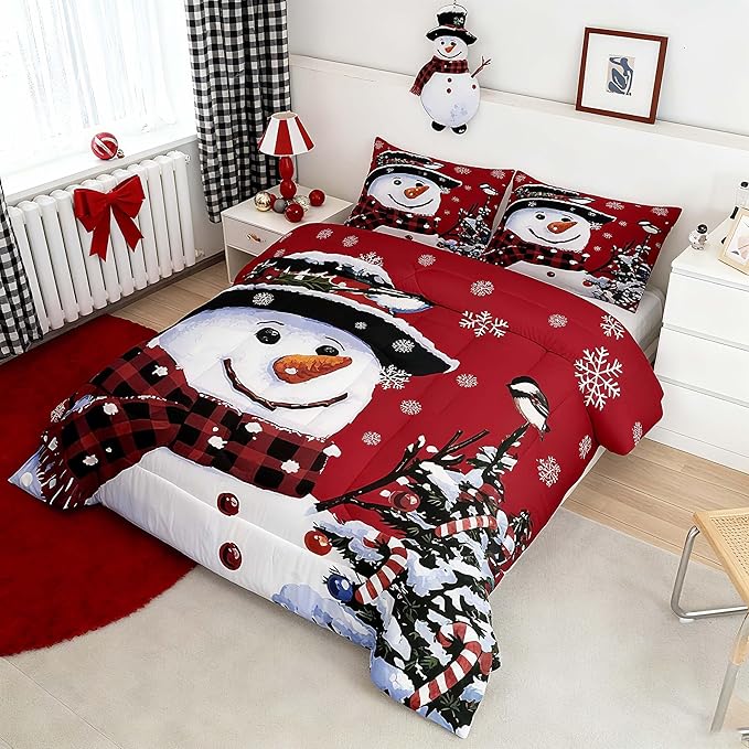 Feelyou Kids Christmas Theme Decorations Bedding Set Xmas Snowman Comforter Set for Boys Girls Red Bedroom Collection Queen Size
