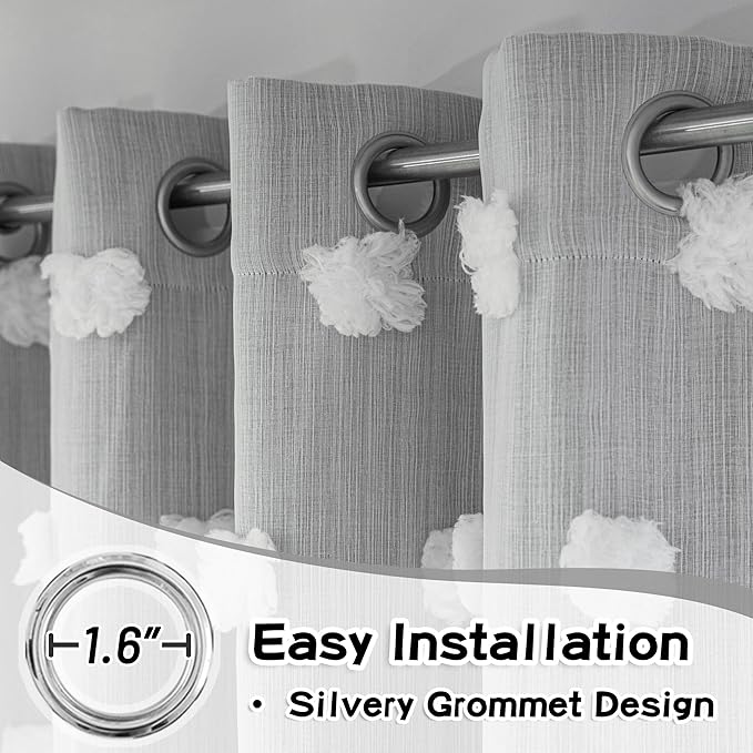MYSKY HOME Grey Curtains for Bedroom - 54 Inch Long, Double Layer, White Pom Pom, Sheer, Grommet, Darkening, Small Window, 2 Panels, 52 x 54 in